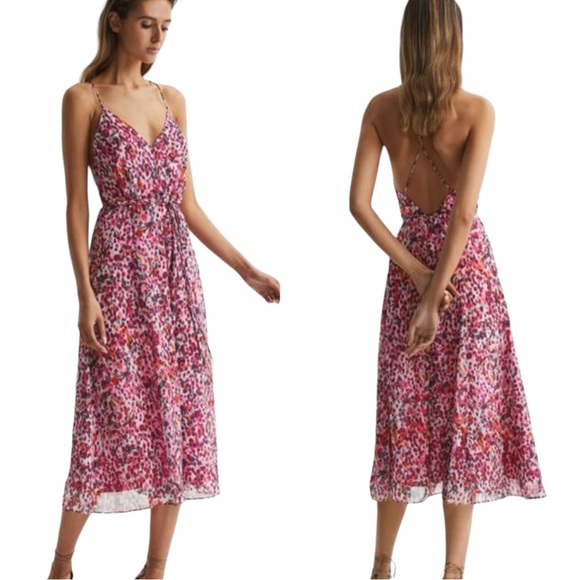 Reiss Dresses & Skirts - Reiss Pipa Pink Floral Midi Dress with Cross Over Strappy Back Size 12 NWT